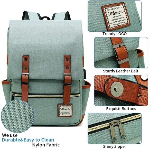 Mancio Vintage Laptop Backpack green USB Charging Port Men,Women Travelling, bag - Picture 4 of 6